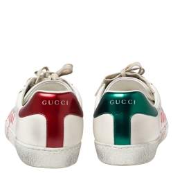 مملوكة مسبقًا Gucci Off White Leather Ace Blade Print Low Top Sneakers Size 44.5