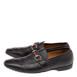 Gucci Dark Brown Leather Horsebit Web Slip On Loafers Size 41.5