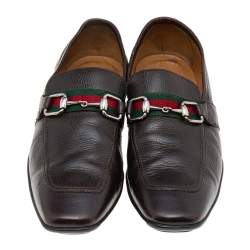 Gucci Dark Brown Leather Horsebit Web Slip On Loafers Size 41.5