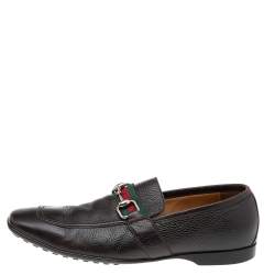 Gucci Dark Brown Leather Horsebit Web Slip On Loafers Size 41.5