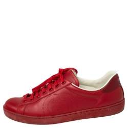 مملوكة مسبقًا Gucci Red Leather Perforated Interlocking G Low Top Sneakers Size 42