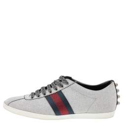 Pre Owned Gucci Metallic Silver Glitter Bambi Web Detail Studded Low Top Sneakers Size 40.5