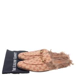 Pre Owned Gucci Beige GG Canvas and Fur Princetown Mules Size 43