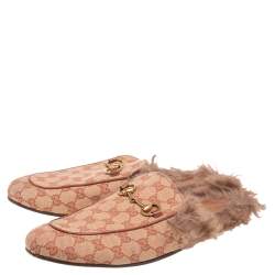 Pre Owned Gucci Beige GG Canvas and Fur Princetown Mules Size 43