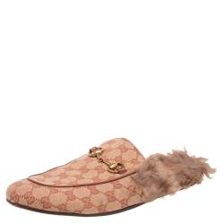 Pre Owned Gucci Beige GG Canvas and Fur Princetown Mules Size 43