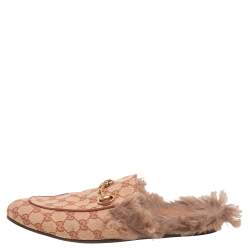 Pre Owned Gucci Beige GG Canvas and Fur Princetown Mules Size 43