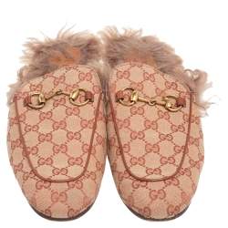 Pre Owned Gucci Beige GG Canvas and Fur Princetown Mules Size 43