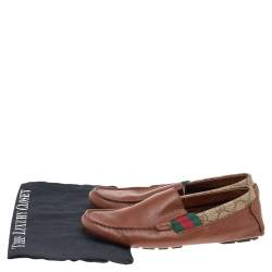 مملوكة مسبقًا Gucci Brown Leather And GG Coated Canvas Web Detail Slip On Loafers Size 39.5