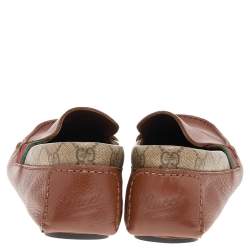 مملوكة مسبقًا Gucci Brown Leather And GG Coated Canvas Web Detail Slip On Loafers Size 39.5