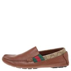 مملوكة مسبقًا Gucci Brown Leather And GG Coated Canvas Web Detail Slip On Loafers Size 39.5