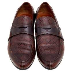 Gucci Dark Brown Hilary Diamante Embossed Leather Slip On Penny Loafers Size 43.5