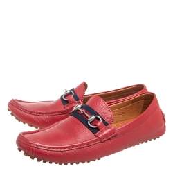Gucci Red Leather Web Detail Horsebit Loafers Size 42
