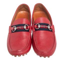 Gucci Red Leather Web Detail Horsebit Loafers Size 42