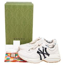 Gucci Mystic Cream Leather NY Yankees Rhyton Low-Top Sneakers Size 42