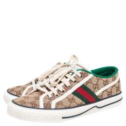 Pre Owned حذاء رياضي غوتشي جلد وكانفاس جي جي سوبريم بني/بيج منخفض من أعلى مقاس 39