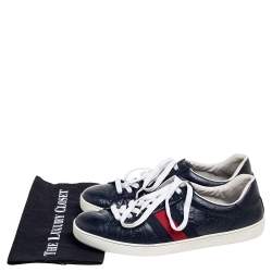 Gucci Dark Blue Guccissima Leather Ace Web Low Top Sneakers Size 45