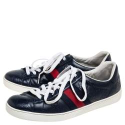 Gucci Dark Blue Guccissima Leather Ace Web Low Top Sneakers Size 45