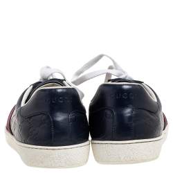 Gucci Dark Blue Guccissima Leather Ace Web Low Top Sneakers Size 45