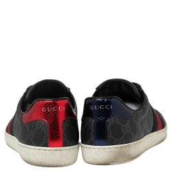 Pre Owned حذاء رياضي غوتشي ايس كانفاس جي جي سوبريم أسود مزين ويب منخفض من أعلى مقاس 42