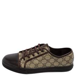 Gucci Brown Leather And Monogram Canvas Lace Up Sneakers Size 43.5