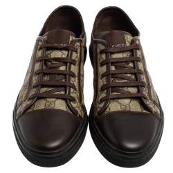 Gucci Brown Leather And Monogram Canvas Lace Up Sneakers Size 43.5