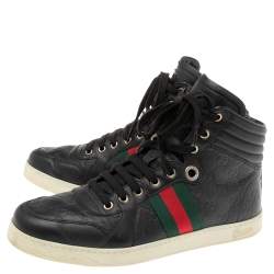 Pre Owned Gucci Black Guccissima Leather Web Detail High-Top Sneakers Size 41