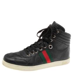 Pre Owned Gucci Black Guccissima Leather Web Detail High-Top Sneakers Size 41