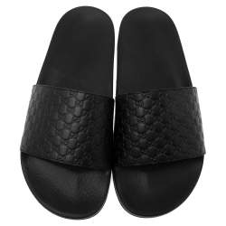 Gucci Black Guccissima Leather Flat Slides Size 41 