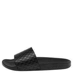 Gucci Black Guccissima Leather Flat Slides Size 41 