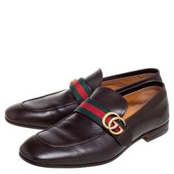 Gucci Dark Brown Leather GG Web Loafers Size 43.5