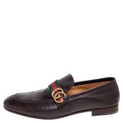 Gucci Dark Brown Leather GG Web Loafers Size 43.5