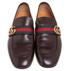 Gucci Dark Brown Leather GG Web Loafers Size 43.5