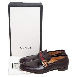Gucci Dark Brown Leather GG Web Loafers Size 43.5