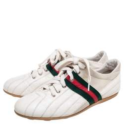 Gucci White/Grey Leather And Suede Web Detail Lace Up Sneakers Size 41