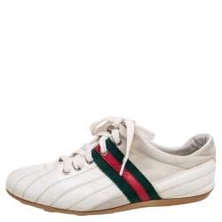 Gucci White/Grey Leather And Suede Web Detail Lace Up Sneakers Size 41