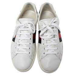 مملوكة مسبقًا Gucci White Leather Web Ace Low-Top Sneakers Size 43.5