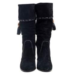 Pre Owned حذاء بوت غوتشي منتصف ساق شراشيب بامبو سويدي أسود مقاس 41