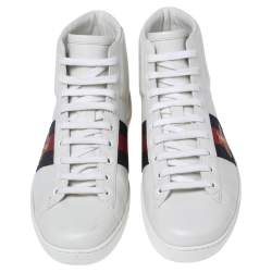 Pre Owned Gucci White Leather Embroidered Bee Web Ace High-Top Sneakers Size 41.5 