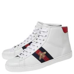 Pre Owned Gucci White Leather Embroidered Bee Web Ace High-Top Sneakers Size 41.5 