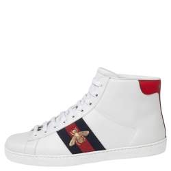 Pre Owned Gucci White Leather Embroidered Bee Web Ace High-Top Sneakers Size 41.5 