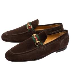 Gucci Dark Brown Suede Horsebit Web Loafers Size 41.5