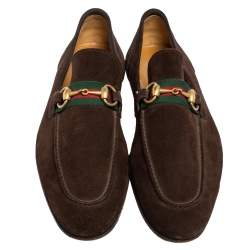 Gucci Dark Brown Suede Horsebit Web Loafers Size 41.5