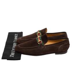 Gucci Dark Brown Suede Horsebit Web Loafers Size 41.5