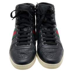 Gucci Black Guccissima Leather Web Detail High Top Sneakers Size 43.5