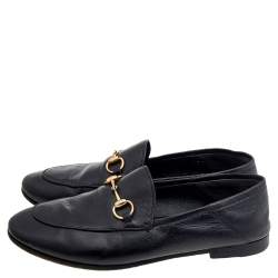 Pre Owned Gucci Black Leather Horsebit Accent Slip On Loafers Size 35.5