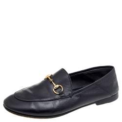 Pre Owned Gucci Black Leather Horsebit Accent Slip On Loafers Size 35.5