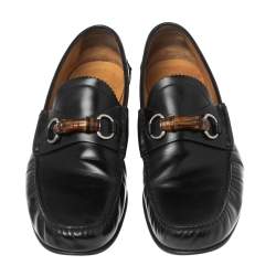 Pre Owned Gucci Black Leather Bamboo Horsebit Loafers Size 45