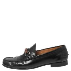 Pre Owned Gucci Black Leather Bamboo Horsebit Loafers Size 45