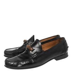 Pre Owned Gucci Black Leather Bamboo Horsebit Loafers Size 45