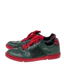 Pre Owned Gucci Green/Red Python And Leather GG Low Top Sneakers Size 44.5